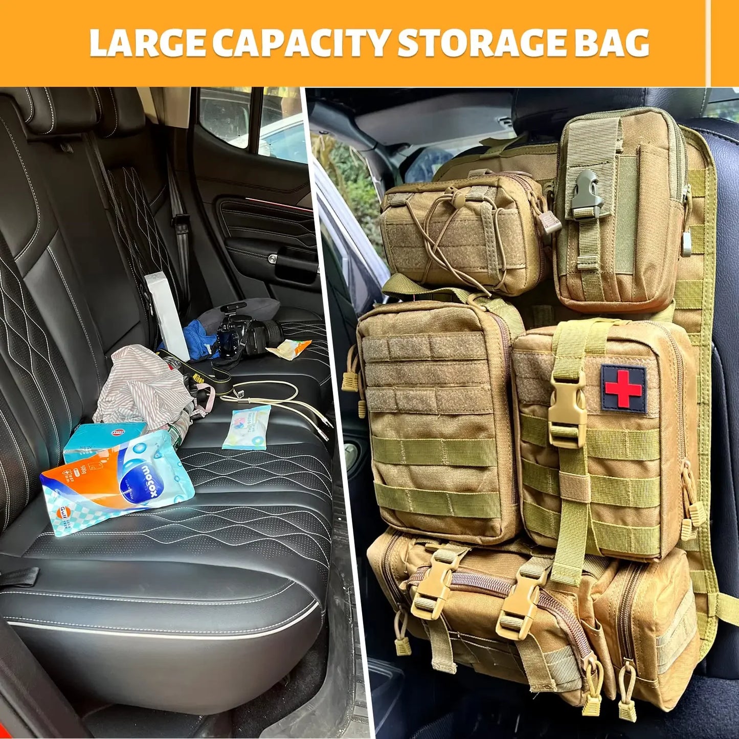 Tactical Seat Back Organizer with 5 Molle Pouches Universal Vehicle Panel Organizing Storage Bag